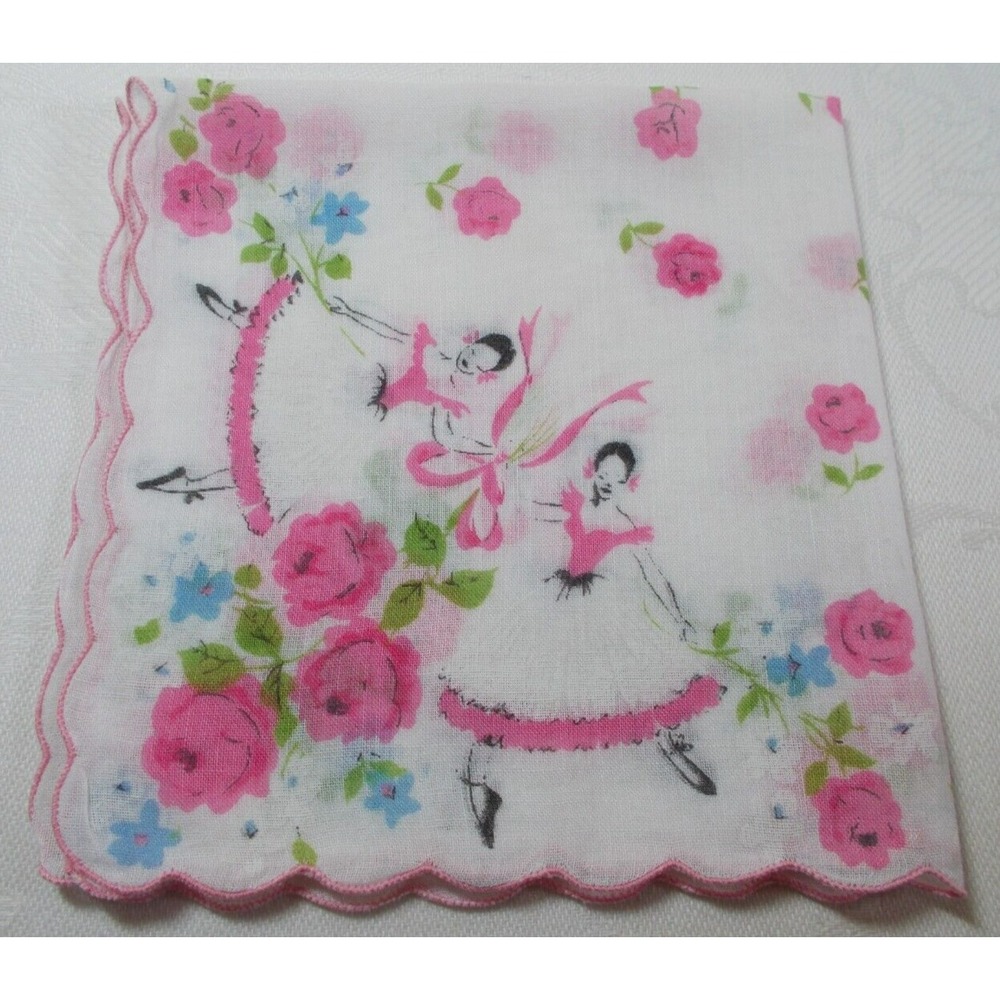 Vtg 10" Hankie pink ballerinas pink roses scalloped edge
